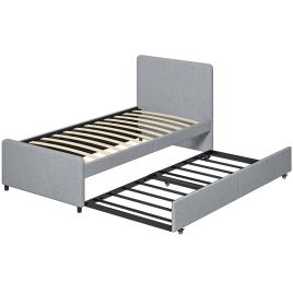 KESGRAVE Single Upholstered Bedframe with Pull Out Trundle, Headboard and Footboard - Black and Light Grey