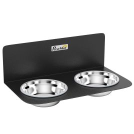 TAVISTOCK Wall Mounted Raised Dog Feeding Station with 2 Steel Bowls and Adjustable Height - Black