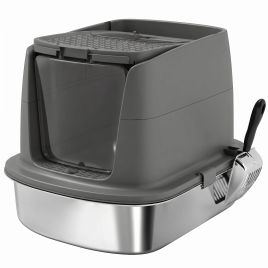KENLEY Large Stainless Steel Enclosed Cat Litter Box with Scoop, Front Entry and Top Exit - Dark Grey and Black