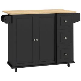HANBURY Rolling Kitchen Island with Drop Leaf, 3 Drawers and Storage Cabinet - Black and Natural