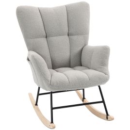 WILMSLOW Teddy Fleece Rocking Chair with Tufted Back, Side Pockets and Rubber Wood Legs - Light Grey