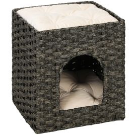 DEDDINGTON 2 Tier Handwoven Wicker Cat House with Washable Cushions - Grey and Beige