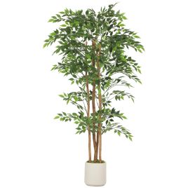 RAVYOR 180 cm Artificial Ficus Tree with Solid Wood Trunk and Pot - Green and White