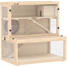 OAKTHOR 80 x 50 x 84 cm Wooden Hamster Cage with Hut, Wheel, Ramps and Viewing Panels - Natural Wood