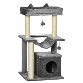 MOORLAND 90 cm Cat Tree with Scratching Posts, Condo, Hammock, Perch and 2 Toys - Grey
