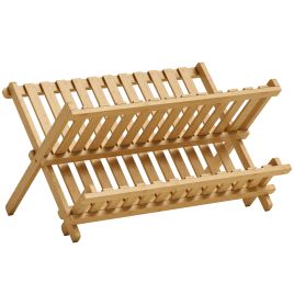BRIDGEWATER 2 Tier Foldable Kitchen Storage Rack with Slatted Draining Shelves - Natural Wood Finish