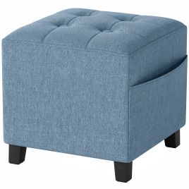 KALEN Small Square Ottoman Footstool with Side Pocket, Wood Legs and Padded Seat - Dark Blue