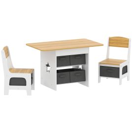 THRYNDEN Kids Table and 2 Chairs Set with 6 Removable Drawers, Ages 3 to 8 - Natural, Dark Grey and White