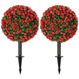 KIMBOLTON Set of 2 UV Resistant Artificial Rose Topiary Plants, 55 cm Tall - Red
