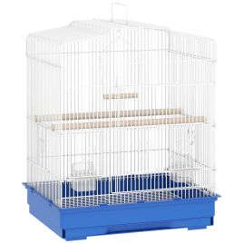 THIRSK Large Metal Bird Cage with Perches, Food Bowls and Swing for Budgies and Parakeets - Blue and White