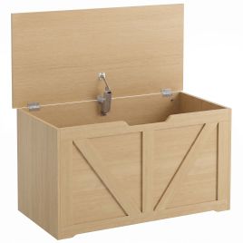 JUVRIA 100L Particleboard Home Storage Box with Safety Hinge and Wood Effect - Nature Wood Finish