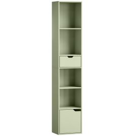DRAXMERE 6 Tier Tall Narrow Bookcase with Drawer and Cupboard Door - Green