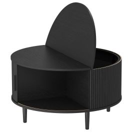 RUISLIP 80 cm Round Lift Top Coffee Table with Hidden Storage and Fluted Sliding Door - Black Wood Effect