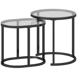 FORESTGATE Set of 2 Nesting Coffee Tables with Steel Frames and Tempered Glass Tops - Black and Clear
