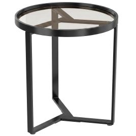MANSFIELD Round Side Table with Tempered Glass Top and Geometric Metal Frame - Black