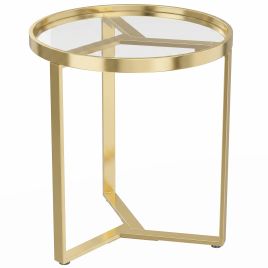 MANSFIELD Round Side Table with Tempered Glass Top and Geometric Metal Frame - Gold Tone