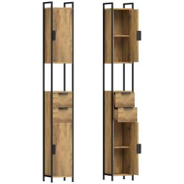 SWANAGE Tall Freestanding Bathroom Storage Cabinet with Drawers and Shelves - Brown and Black