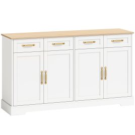 WAREHAM 140 cm Sideboard Cabinet with 4 Drawers, 4 Doors and 2 Adjustable Shelves - White and Oak