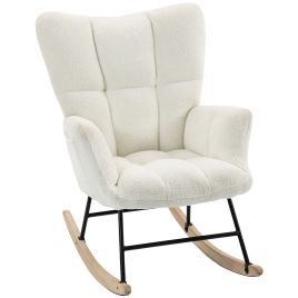 WILMSLOW Teddy Fleece Rocking Chair with Tufted Back, Side Pockets and Rubber Wood Legs - Cream White