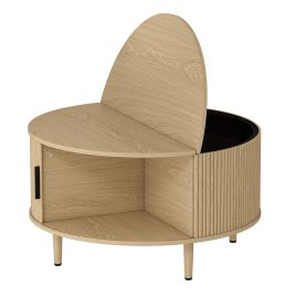 RUISLIP 80 cm Round Lift Top Coffee Table with Hidden Storage and Fluted Sliding Door - Natural Wood