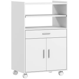 CRAWLEY Mobile Kitchen Trolley and Microwave Stand with Pull Out Shelf, Drawer and 2 Doors - White