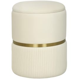JUVIX Round Velvet Storage Stool with Removable Top, Padded Seat and Hidden Storage - Beige and Natural Wood