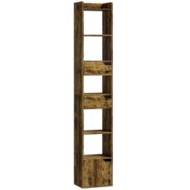 CALDECOTE 5 Tier Tall Narrow Bookcase with Drawers and Freestanding Storage - Rustic Brown