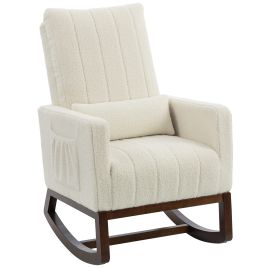 BUCKINGHAM Adult Rocking Chair with High Back, Lumbar Pillow, Wood Base and Side Pockets - Cream White and Walnut