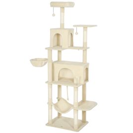 WEXOR 202 cm Cat Tree with 6 Scratching Posts, 2 Hammocks, 2 Condos and 2 Perches - Beige and Cream White