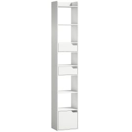 CALDECOTE 5 Tier Tall Narrow Bookcase with Drawers and Freestanding Storage - White Wood Effect