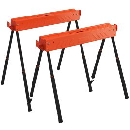 KEYWORTH Twin Pack Folding Saw Horses with Height Adjustable Legs and 2 x 4 Brackets - Orange and Black