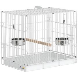 HOLTBY Foldable Portable Budgie Bird Cage with Wood Perch and 2 Bowls, 49 x 31 x 40 cm - White