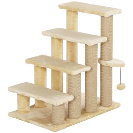 FLITWICK 4 Step Pet Stairs with Scratching Posts, Platforms and Toy Ball - Beige