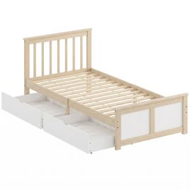 FYLMARRA Single Pine Wood Storage Bedframe with Drawers, Headboard and Wood Slats - Natural Wood Finish and White