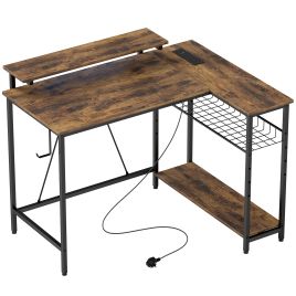 WROXHAM Reversible L Shaped Gaming and Computer Desk with LED Lights - Rustic Brown and Black