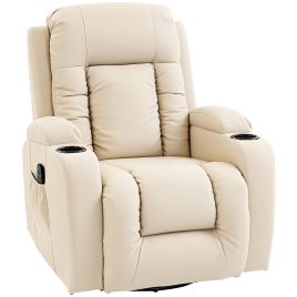 AURENA PU Leather Recliner Armchair with Extended Footrest, Cup Holders and Side Pockets - Cream