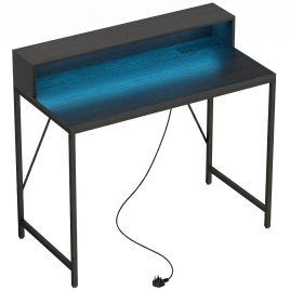 BEMBRIDGE 100 cm Gaming and Computer Desk with LED Lights, Power Outlets and Monitor Stand - Black Wood Effect