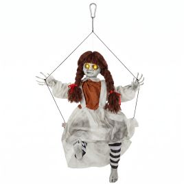 BRIERLEY 80 cm Animated Hanging Creepy Girl on Swing with Kicking Legs, Sound and Touch Activation - Red Brown and Cream White
