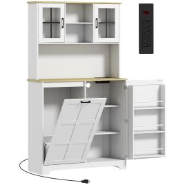 CAMBERLEY 175 cm Kitchen Storage Cabinet with Pull Out Rubbish Bin, 3 Door Shelves and 2 Acrylic Doors - White and Natural