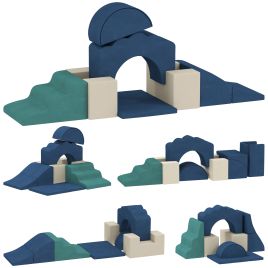 POCKLINGTON 7 Piece Kids Soft Play Climbing and Crawling Foam Set with Detachable Cover - Dark Blue, Beige and Green