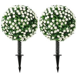 KIMBOLTON Set of 2 UV Resistant Artificial Rose Topiary Plants, 55 cm Tall - White