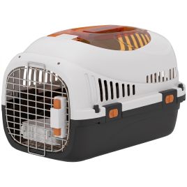 NOIAUX 49 x 32 x 31 cm Hard Shell Pet Carrier with Steel Door and Food Bowl for Pets up to 4 kg - Cream, Black and Orange