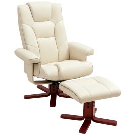 LEOMINSTER Faux Leather Manual Recliner Chair and Footstool Set - Cream White