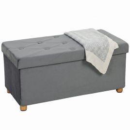 LICHFIELD Foldable Velvet Storage Ottoman Bench and Footrest with Wood Legs - Grey