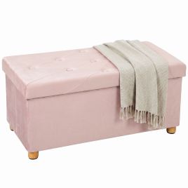 LICHFIELD Foldable Velvet Storage Ottoman Bench and Footrest with Wood Legs - Pink