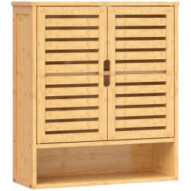 HIGHBURY Bathroom Wall Cabinet with 2 Louvered Doors, Open Shelf and Adjustable Shelf - Oak