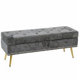 WORCESTER 114 cm Chenille Storage Ottoman with Padded Seat and Metal Legs - Grey
