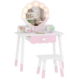 CHANDLER Kids Dressing Table and Chair Set with Lighted Mirror and 7 Piece Accessories - Pink and White