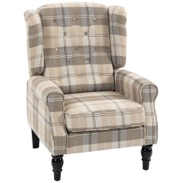 FYNTRA Linen Look Wingback Accent Armchair with High Back and Thick Spring Cushion - Khaki Plaid