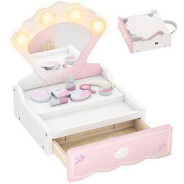 CARTERTON Portable Kids Dressing Table with Lights, Mirror, Drawer and Accessories - Pink and White